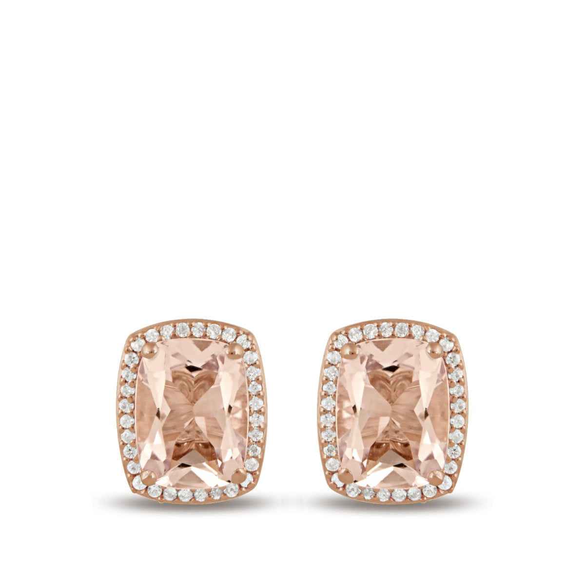 Cushion Morganite & 1/7 ct. tw. Diamond Halo Earrings in 10K Pink Gold front view