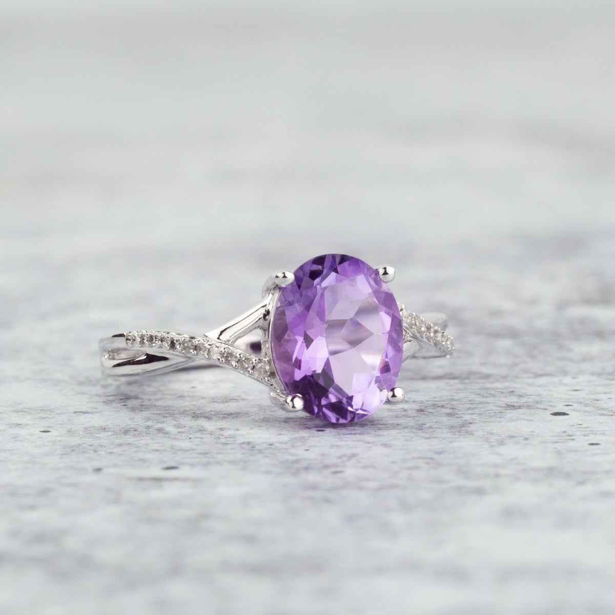 Amethyst and Diamond Accent Oval Fashion Ring in 10K White Gold side profile