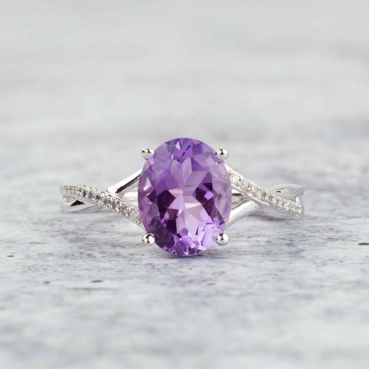 Amethyst and Diamond Accent Oval Fashion Ring in 10K White Gold close-up detail
