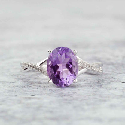 Amethyst and Diamond Accent Oval Fashion Ring in 10K White Gold close-up detail