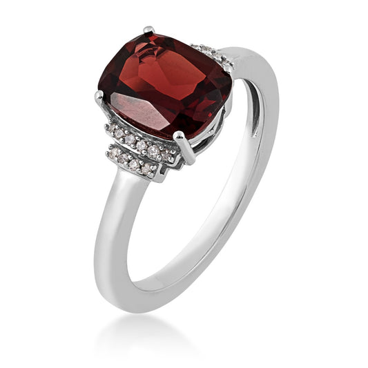 Cushion Garnet and Diamond Accent Ring in 10K White Gold front view