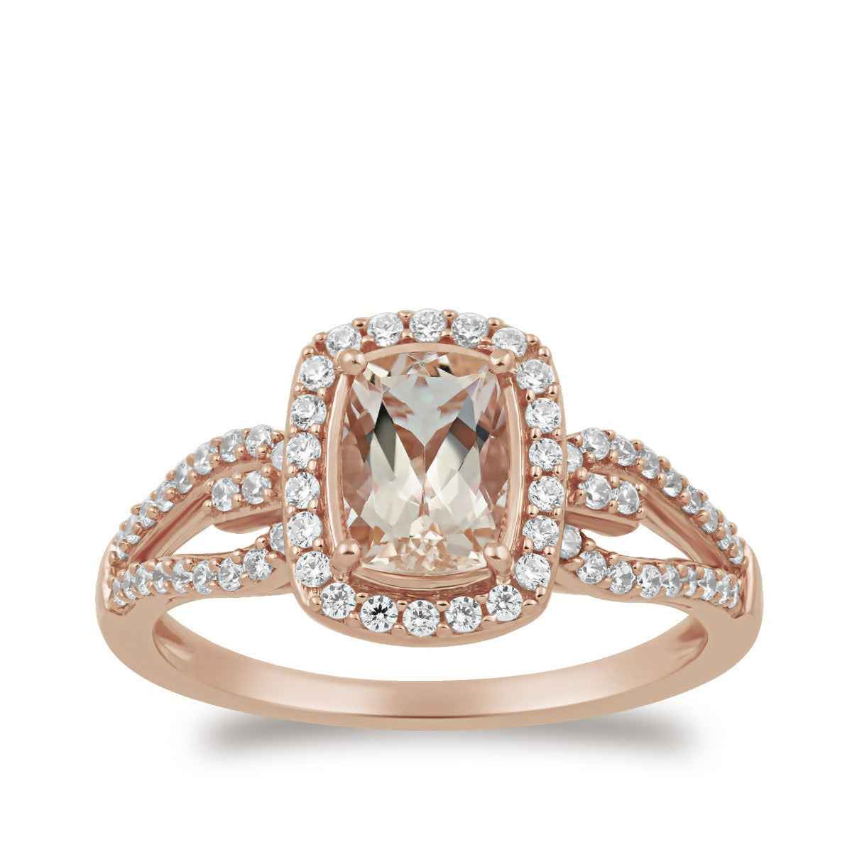 Cushion Morganite & 3/8 ct. tw. Diamond Halo Split Shank Ring in 10K Pink Gold