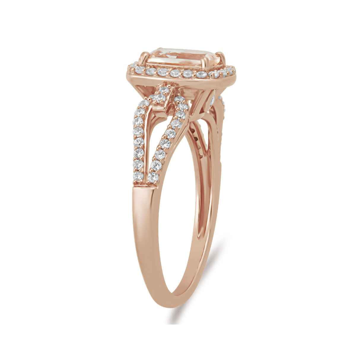 Cushion Morganite & 3/8 ct. tw. Diamond Halo Split Shank Ring in 10K Pink Gold front view