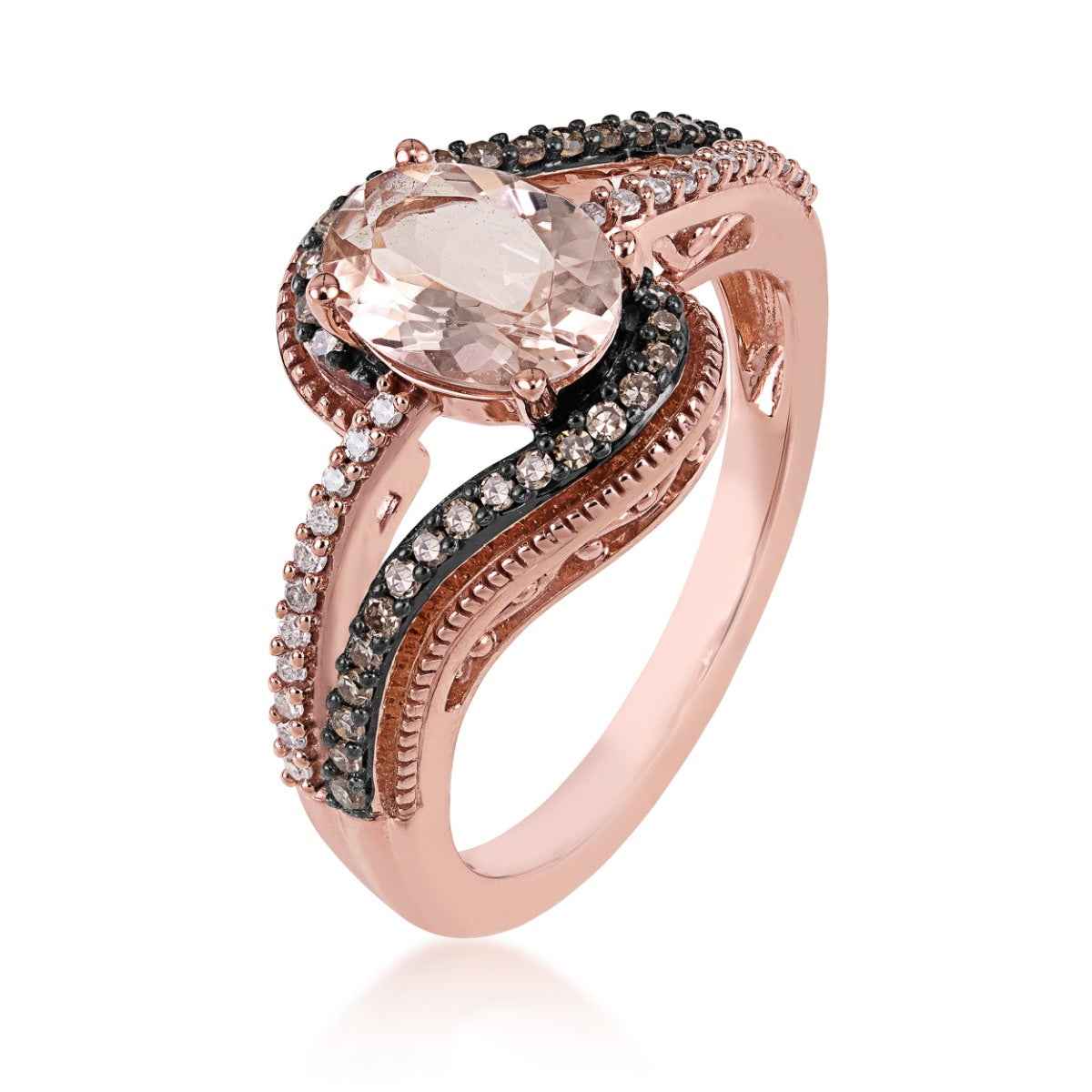 Oval Morganite & 1/4 ct. tw. Mocha Diamond Bypass Ring in 10K Pink Gold front view