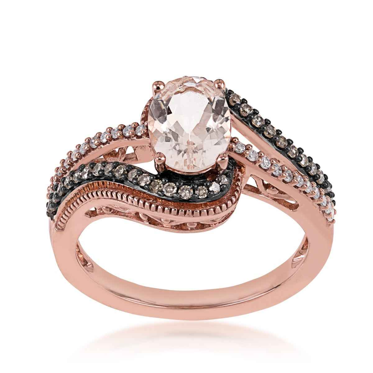Oval Morganite & 1/4 ct. tw. Mocha Diamond Bypass Ring in 10K Pink Gold