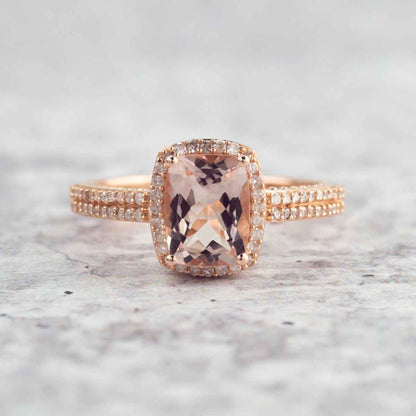 Cushion Morganite & 1/5 ct. tw. Diamond Halo Ring in 10K Pink Gold close-up detail