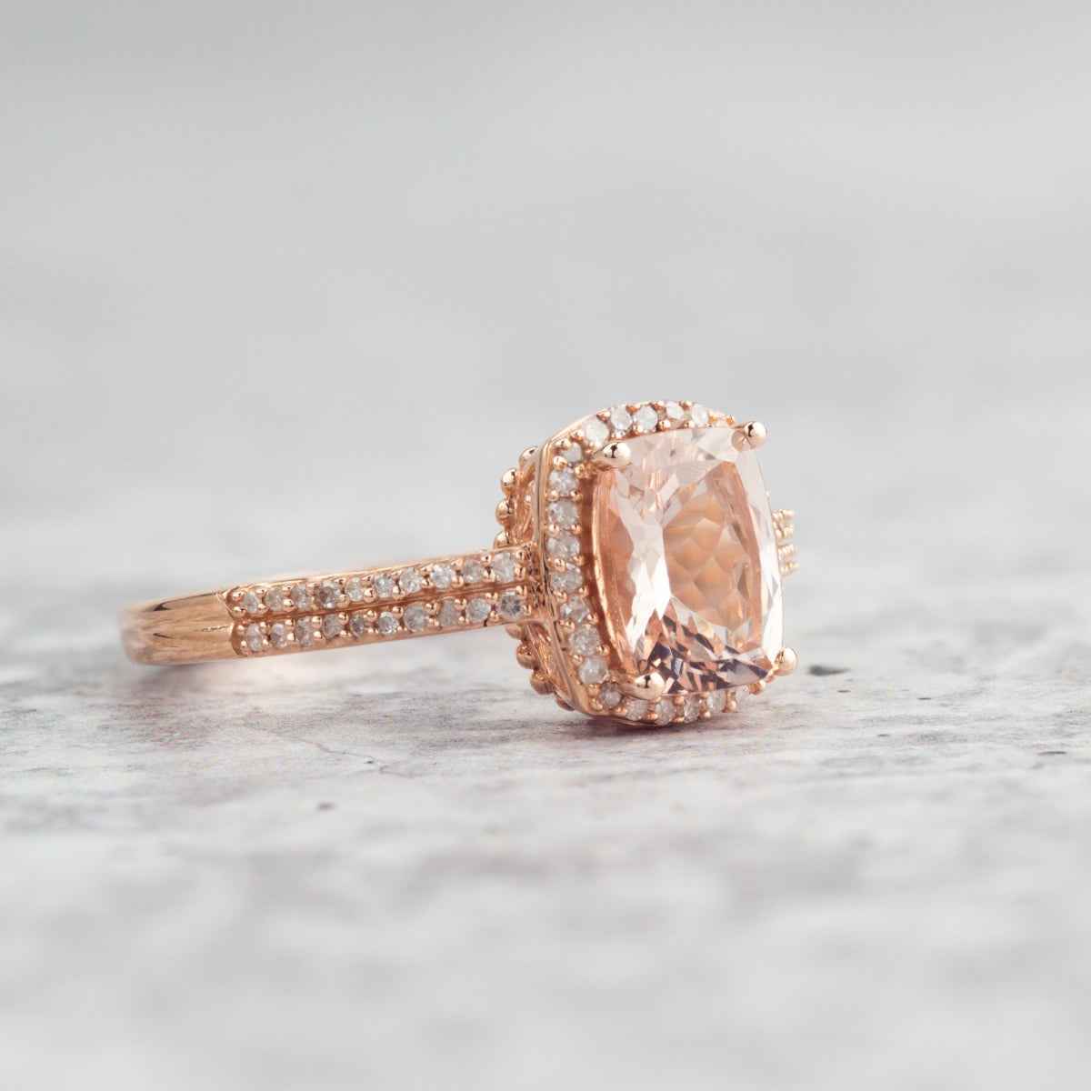 Cushion Morganite & 1/5 ct. tw. Diamond Halo Ring in 10K Pink Gold side profile