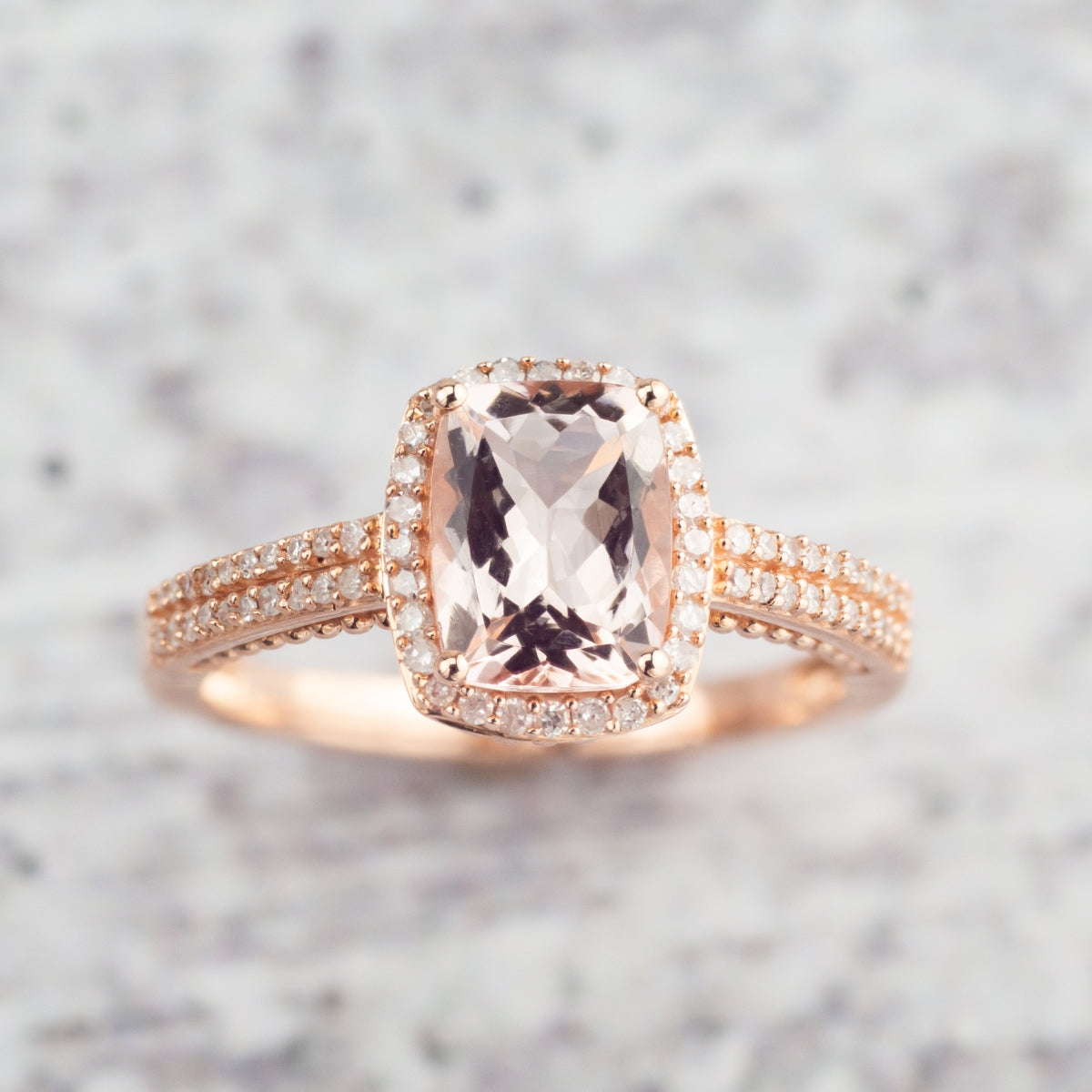 Cushion Morganite & 1/5 ct. tw. Diamond Halo Ring in 10K Pink Gold full view