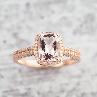 Cushion Morganite & 1/5 ct. tw. Diamond Halo Ring in 10K Pink Gold full view
