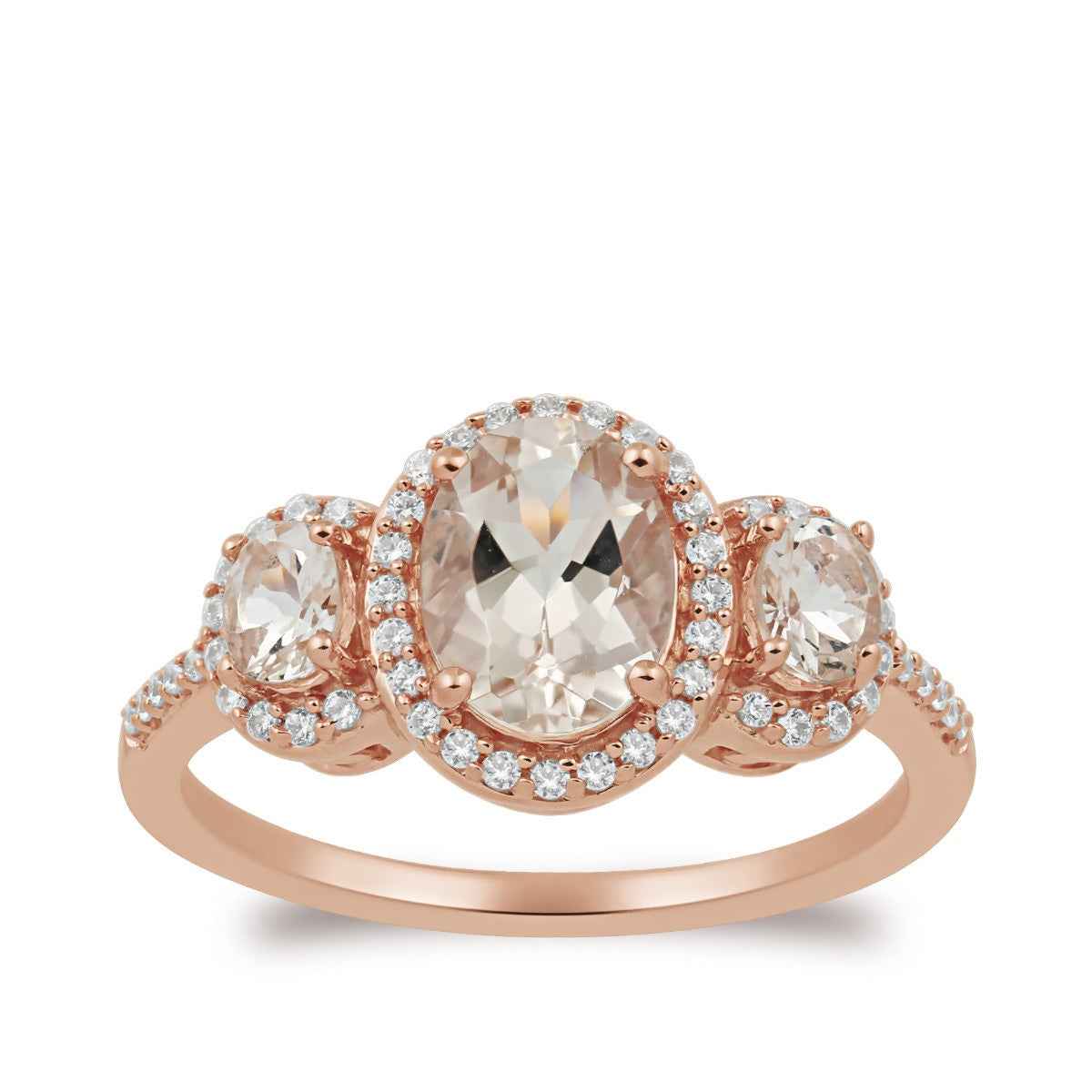 Oval Morganite & 1/5 ct. tw. Diamond Halo 3-Stone Ring in 10K Pink Gold