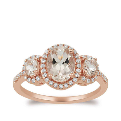 Oval Morganite & 1/5 ct. tw. Diamond Halo 3-Stone Ring in 10K Pink Gold