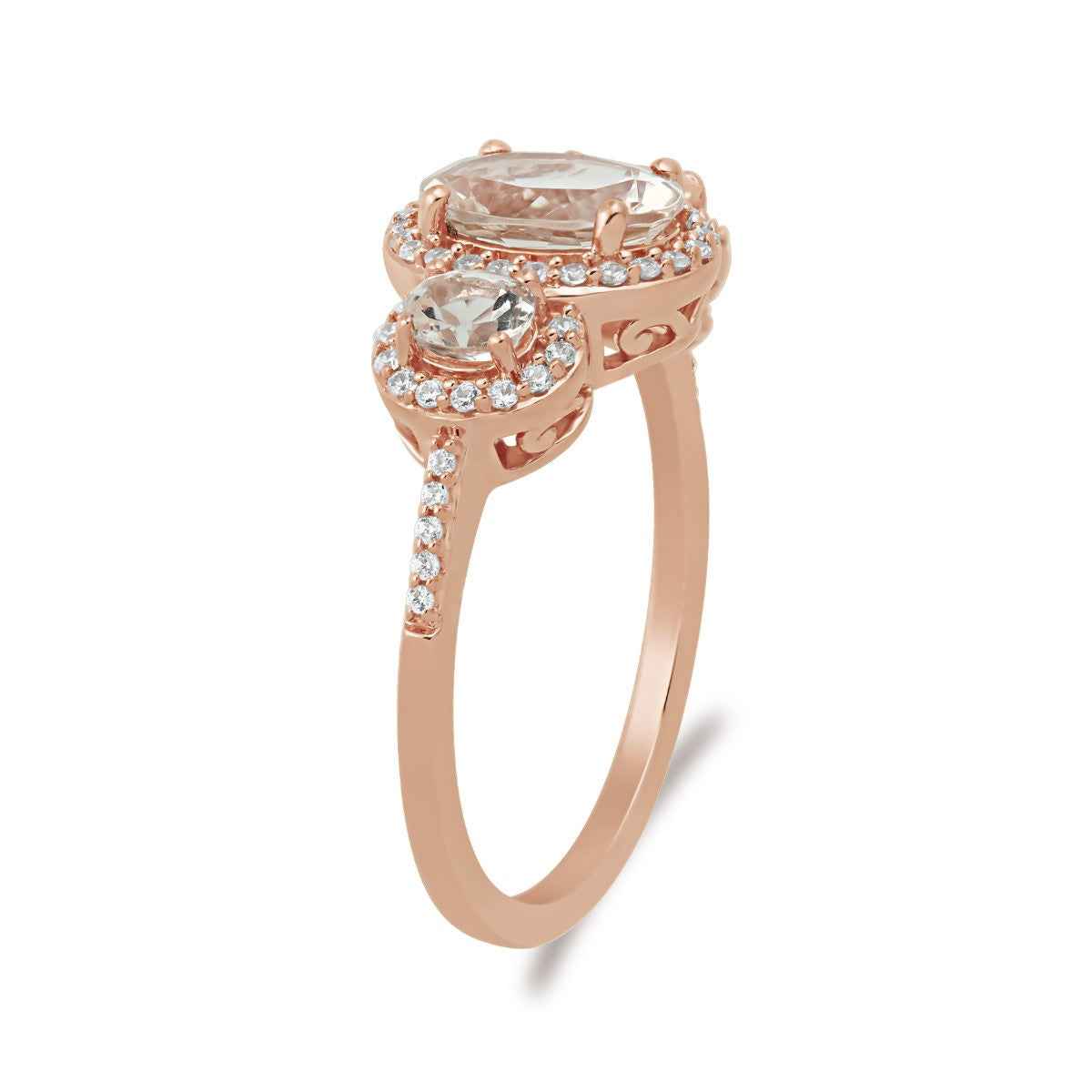 Oval Morganite & 1/5 ct. tw. Diamond Halo 3-Stone Ring in 10K Pink Gold front view