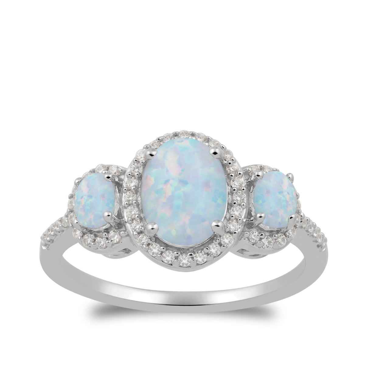 3-Stone Created Oval Opal & 1/5 ct. tw. Diamond Halo Ring in 10K White Gold