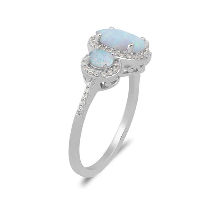 3-Stone Created Oval Opal & 1/5 ct. tw. Diamond Halo Ring in 10K White Gold front view