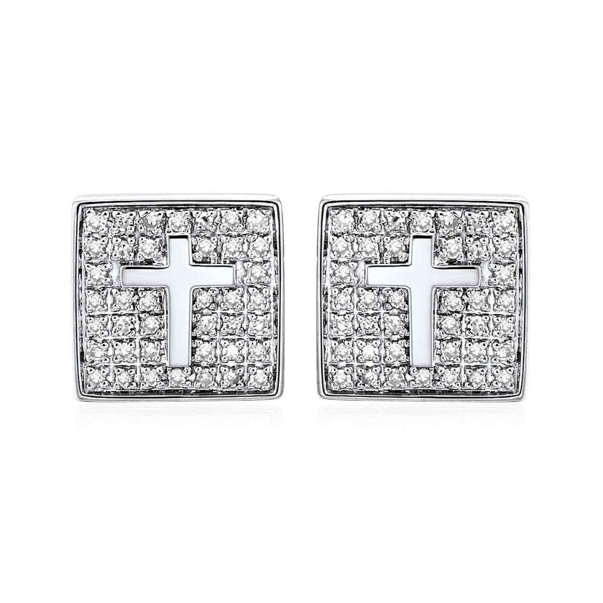 1/4 ct. tw. Diamond Cluster Cross Square Earrings in 10K White Gold front view