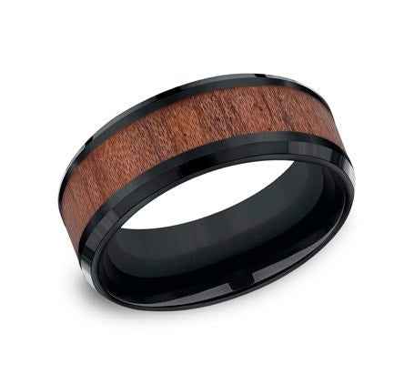 BENCHMARK Men's 8MM Black Cobalt Wedding Ring with Wood Inlay front view