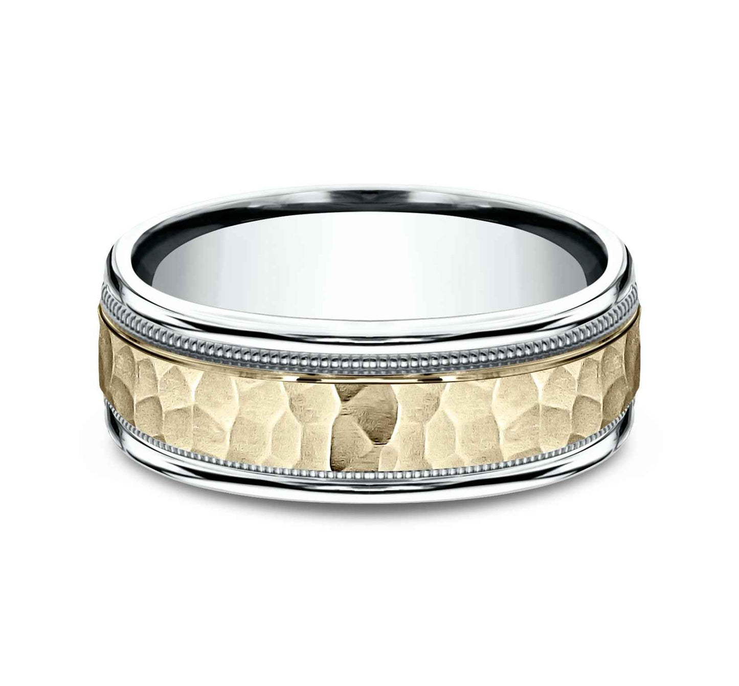 Benchmark Men's 7.0mm Wedding Band with Hammered Center in 14K Yellow and White Gold