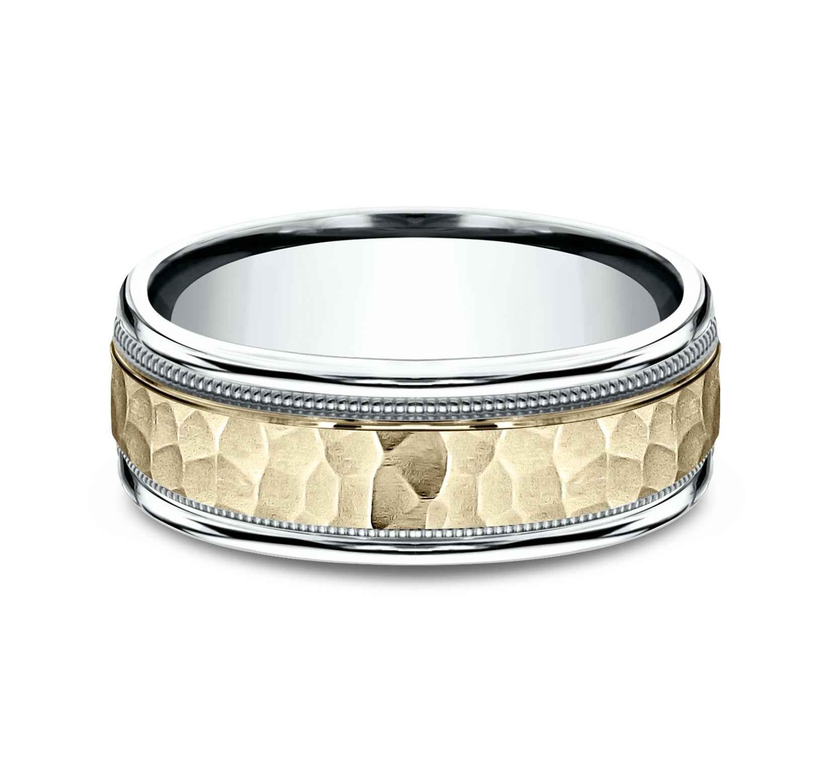 Benchmark Men's 7.0mm Wedding Band with Hammered Center in 14K Yellow and White Gold