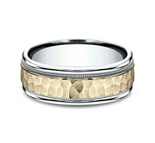 Benchmark Men's 7.0mm Wedding Band with Hammered Center in 14K Yellow and White Gold