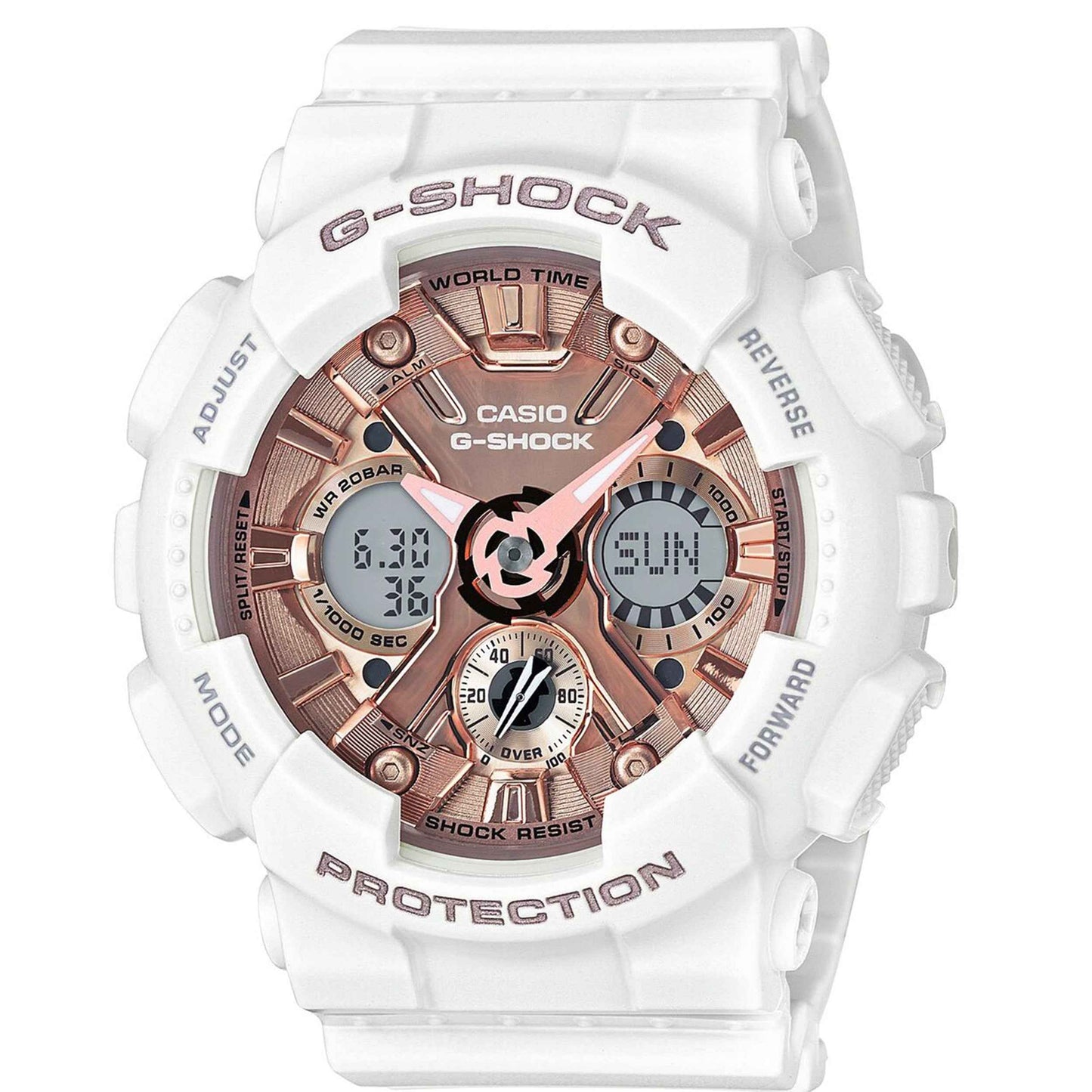 Casio G-Shock Metallic Face Series Ladies' Watch with Matte White Resin Band and Champagne Multi-Functional Face