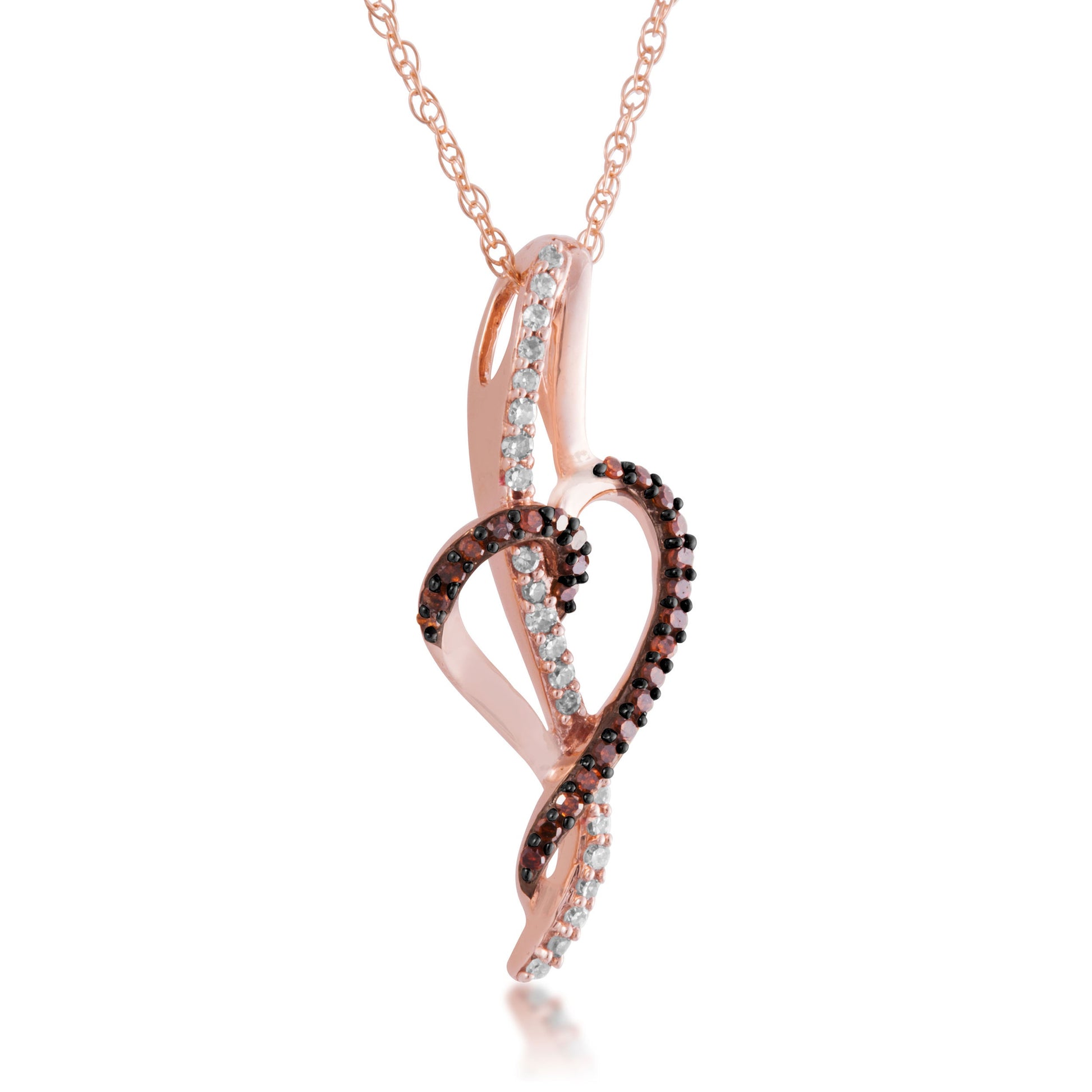 1/5 ct. tw. Round Cognac & White Diamond Heart Pendant with Black Rhodium Plated Accent in 10K Pink Gold
