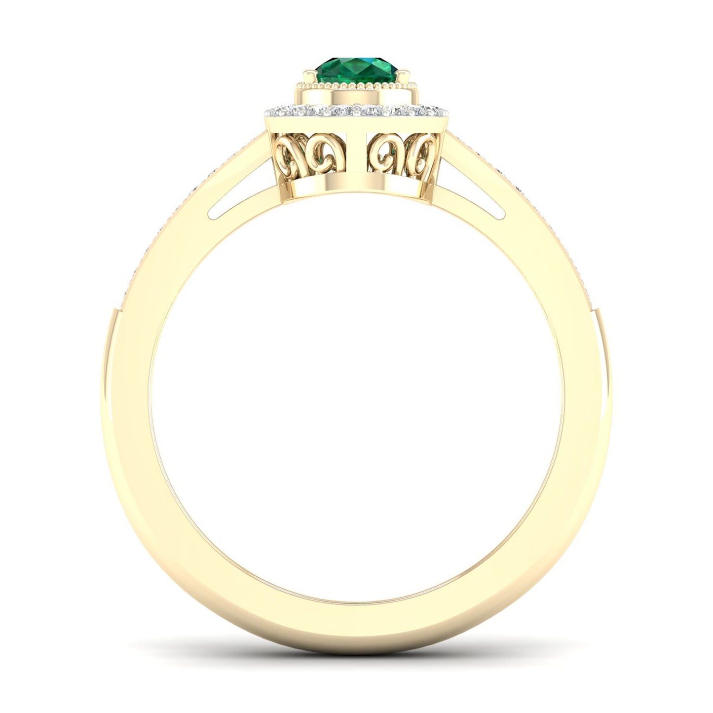 Green Pear-Shaped Emerald and 1/8 ct. tw. Diamond Halo Ring with Milgrain and Filigree Design in 10K Yellow close-up detail