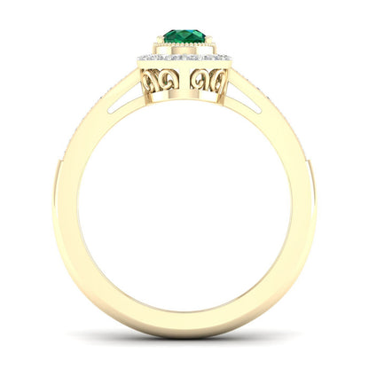 Green Pear-Shaped Emerald and 1/8 ct. tw. Diamond Halo Ring with Milgrain and Filigree Design in 10K Yellow close-up detail