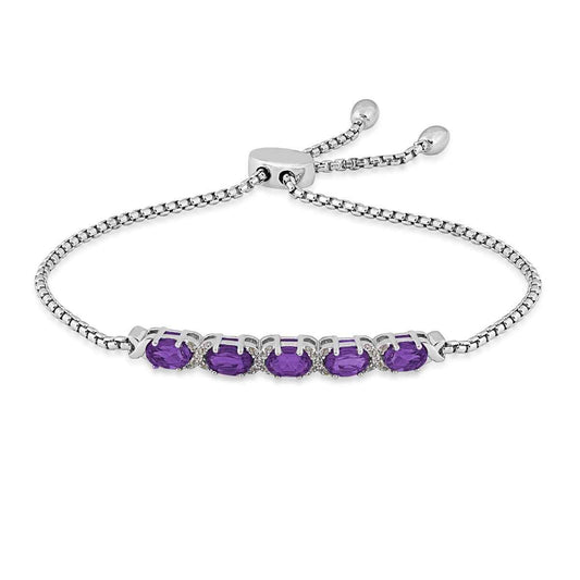 Genuine Oval Amethyst & Created White Sapphire Accented Bolo Bracelet in Sterling Silver