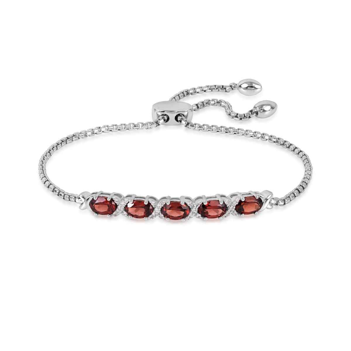Oval Garnet & Created White Sapphire Accented Bolo Bracelet in Sterling Silver