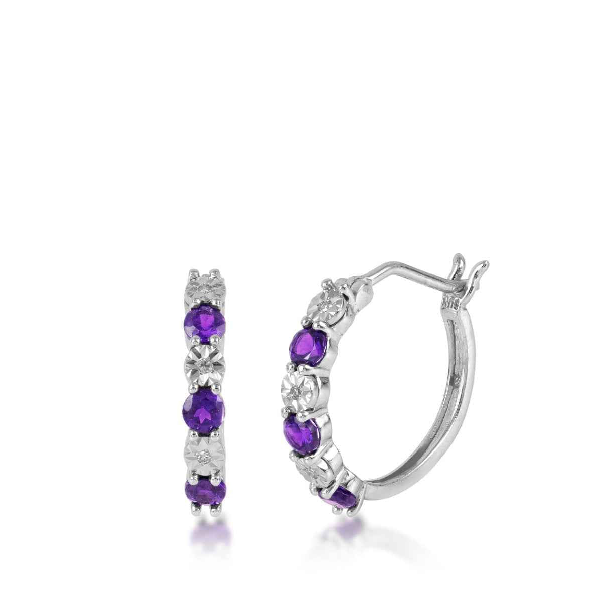 Amethyst & Diamond Accent Hoop Earrings in 10K White Gold
