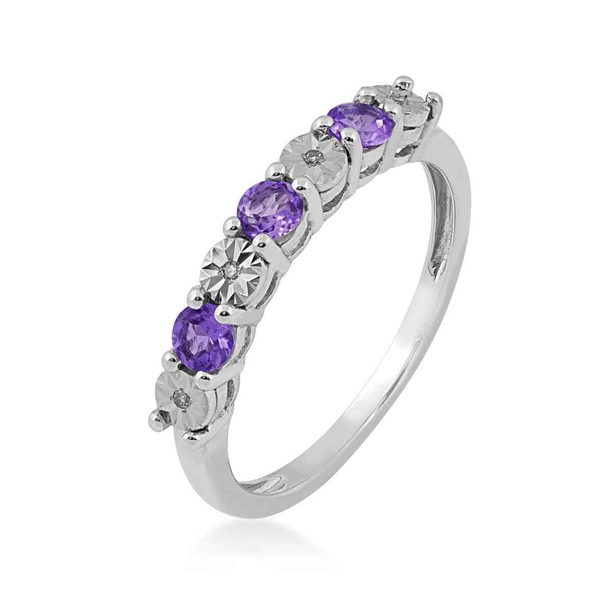 Round Amethyst and Diamond Accent Fashion Band in 10K White Gold front view