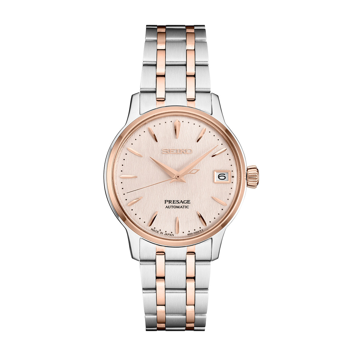 presage automatic two tone stainless steel pink dial watch
