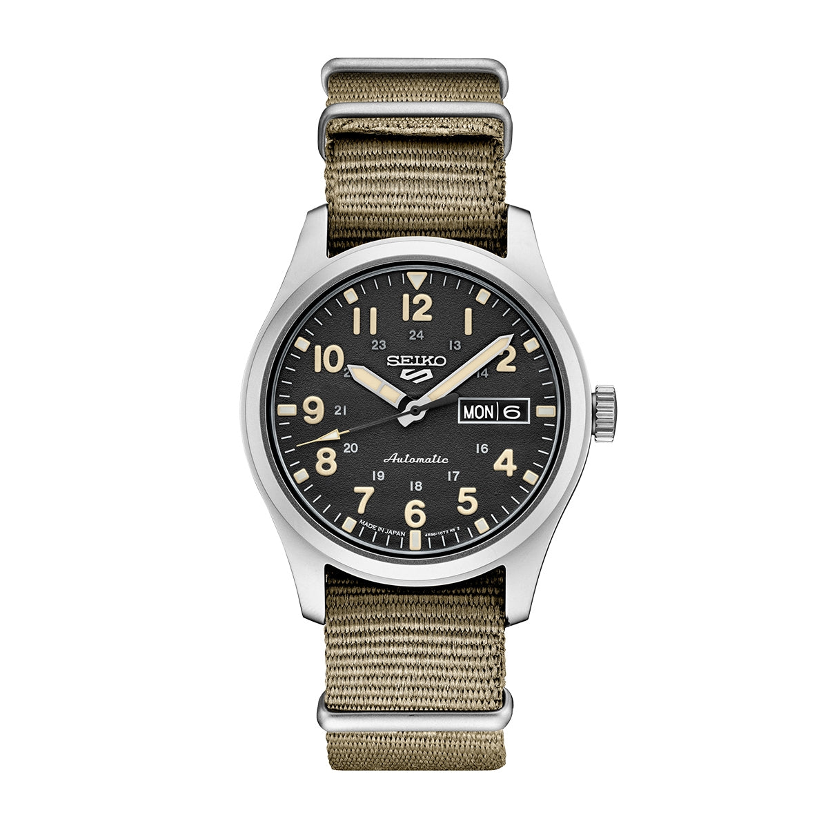 Seiko Men's 5 Sports Field Automatic Stainless Steel Watch with Black Dial & Tan Nylon Strap