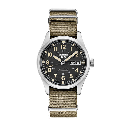 Seiko Men's 5 Sports Field Automatic Stainless Steel Watch with Black Dial & Tan Nylon Strap