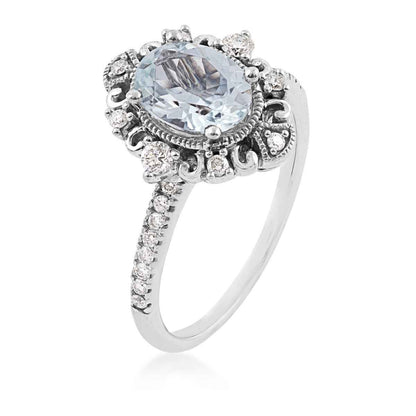 Oval Aquamarine & 1/4 ct. tw. Diamond Filigree Milgrain Halo Ring in 10K White Gold front view