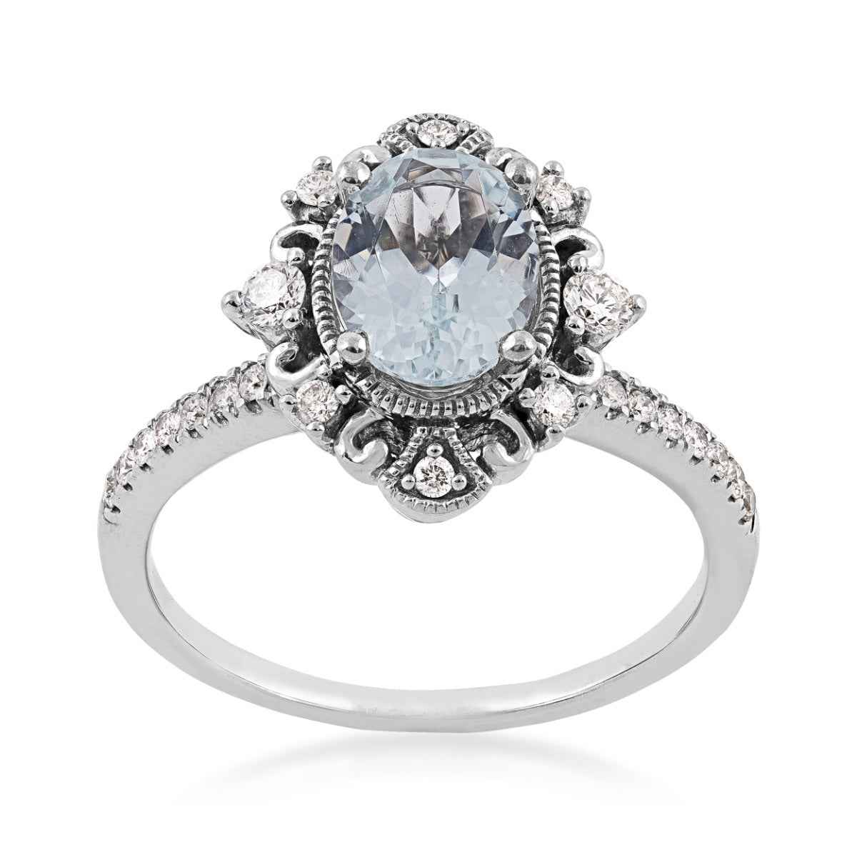 Oval Aquamarine & 1/4 ct. tw. Diamond Filigree Milgrain Halo Ring in 10K White Gold