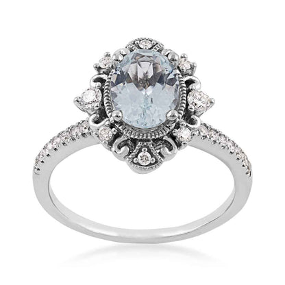 Oval Aquamarine & 1/4 ct. tw. Diamond Filigree Milgrain Halo Ring in 10K White Gold