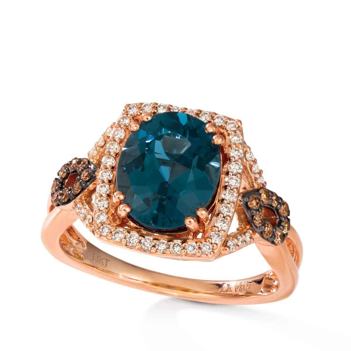 Le Vian Chocolatier Oval Deep Sea Blue Topaz & 1/3 ct. tw. Chocolate & Vanilla Diamond Halo Ring in 14K Strawberry Gold