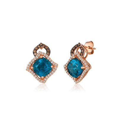 Le Vian Chocolatier Cushion Deep Sea Blue Topaz & 1/2 ct. tw. Chocolate & Vanilla Diamond Drop Earings in 14K Strawberry Gold