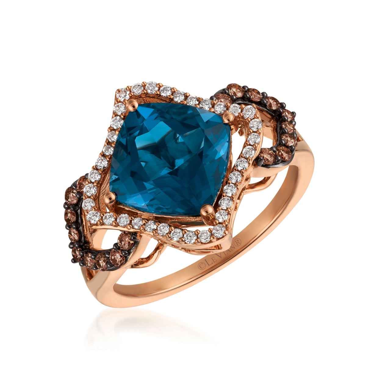 Le Vian Chocolatier Cushion Deep Sea Blue Topaz & 3/8 ct. tw. Chocolate & Vanilla Diamond Halo Ring in 14K Strawberry Gold