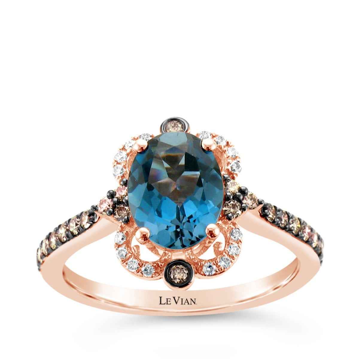 Le Vian Chocolatier Oval Deep Sea Blue Topaz & 1/3 ct. tw. Chocolate & Vanilla Diamond Scalloped Halo Ring in 14K Strawberry