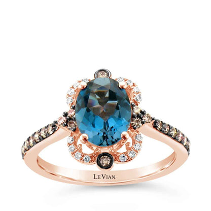 Le Vian Chocolatier Oval Deep Sea Blue Topaz & 1/3 ct. tw. Chocolate & Vanilla Diamond Scalloped Halo Ring in 14K Strawberry