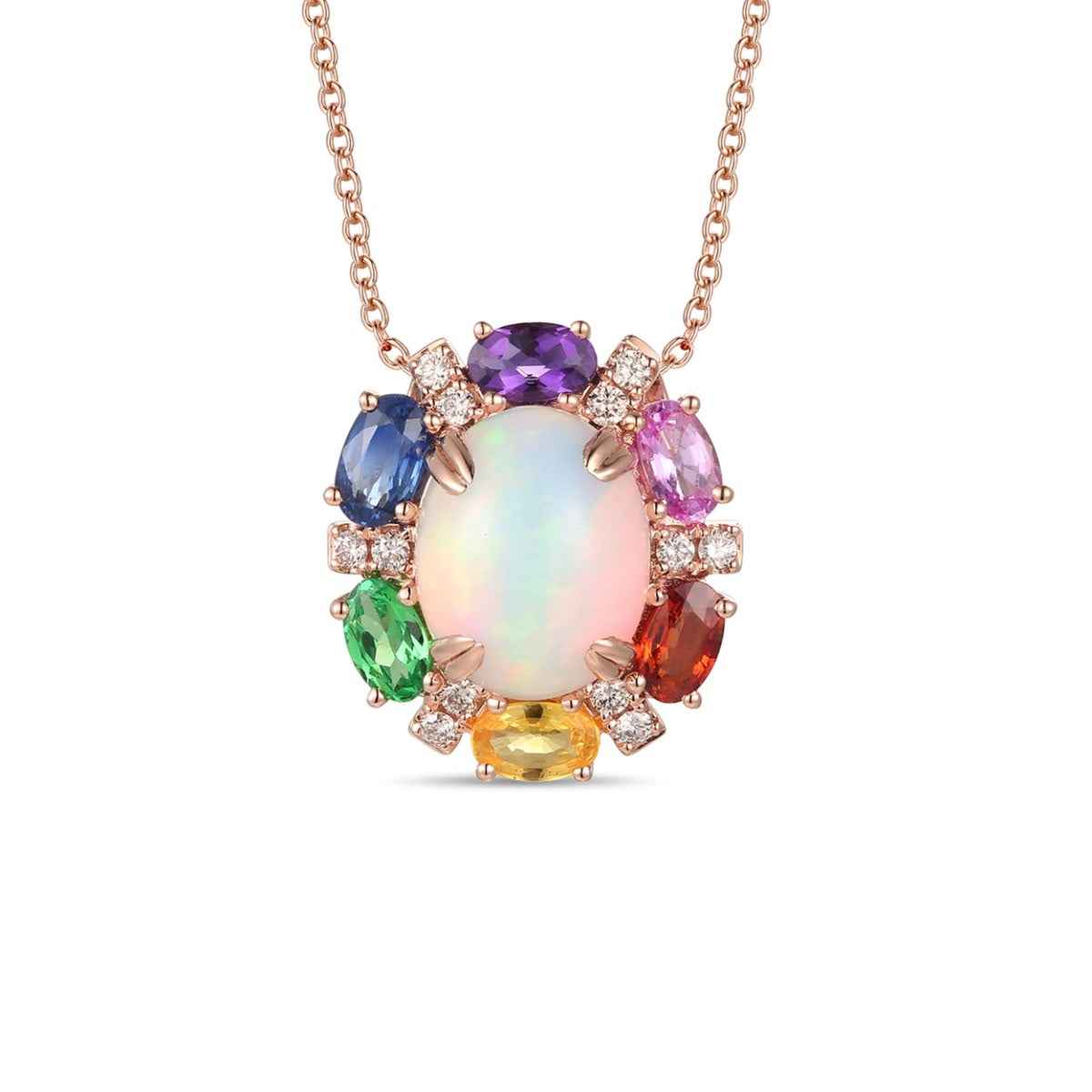 Le Vian Rainbow Oval Neopolitan Opal & 1/6 ct. tw. Nude Diamond, & Multi Gemstone Halo Pendant in 14K Strawberry Gold