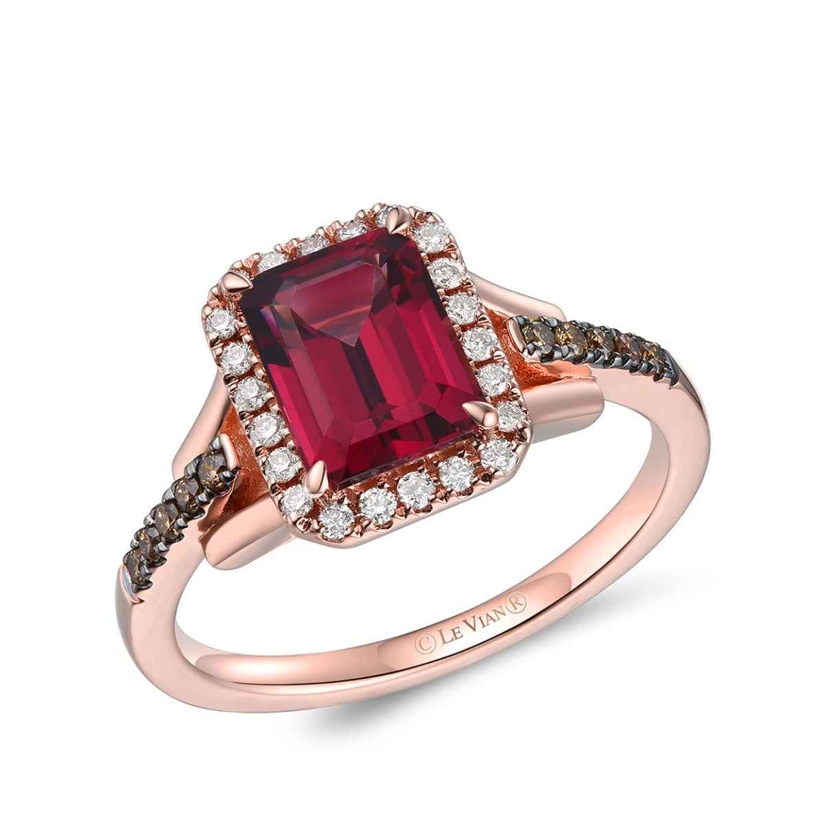 Le Vian Creme Brulee Raspberry Rhodolite Garnet & 1/4 ct. tw. Chocolate & Nude Diamond Halo Ring in 14K Strawberry Gold