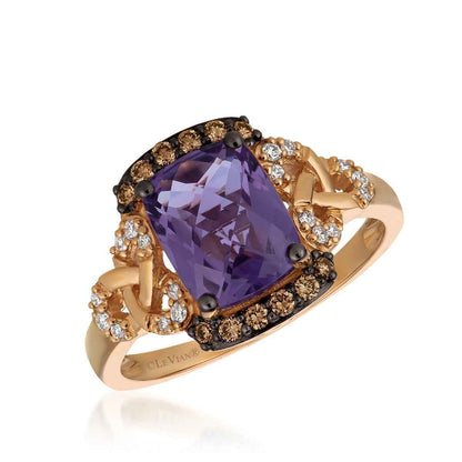 Le Vian Chocolatier Cushion Grape Amethyst & 1/4 ct. tw. Chocolate & Vanilla Diamond Trefoil Ring in 14K Strawberry Gold