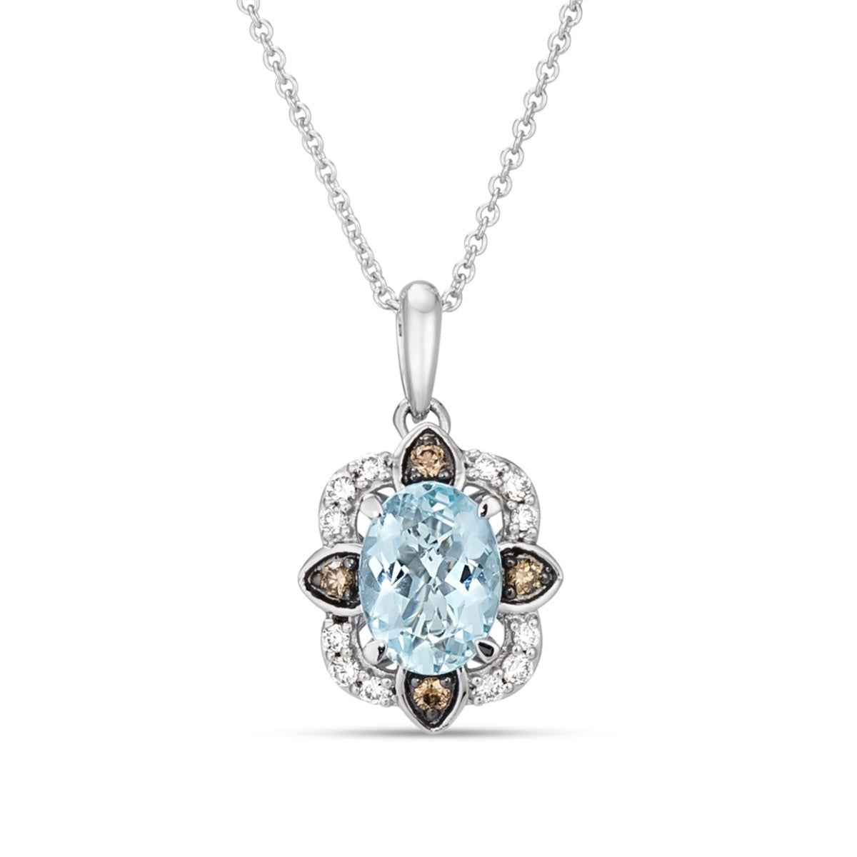 Le Vian Creme Brulee Oval Sea Blue Aquamarine & 1/7 ct. tw. Nude & Chocolate Diamond Floral Halo Pendant in 14K Vanilla Gold