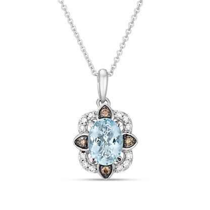 Le Vian Creme Brulee Oval Sea Blue Aquamarine & 1/7 ct. tw. Nude & Chocolate Diamond Floral Halo Pendant in 14K Vanilla Gold