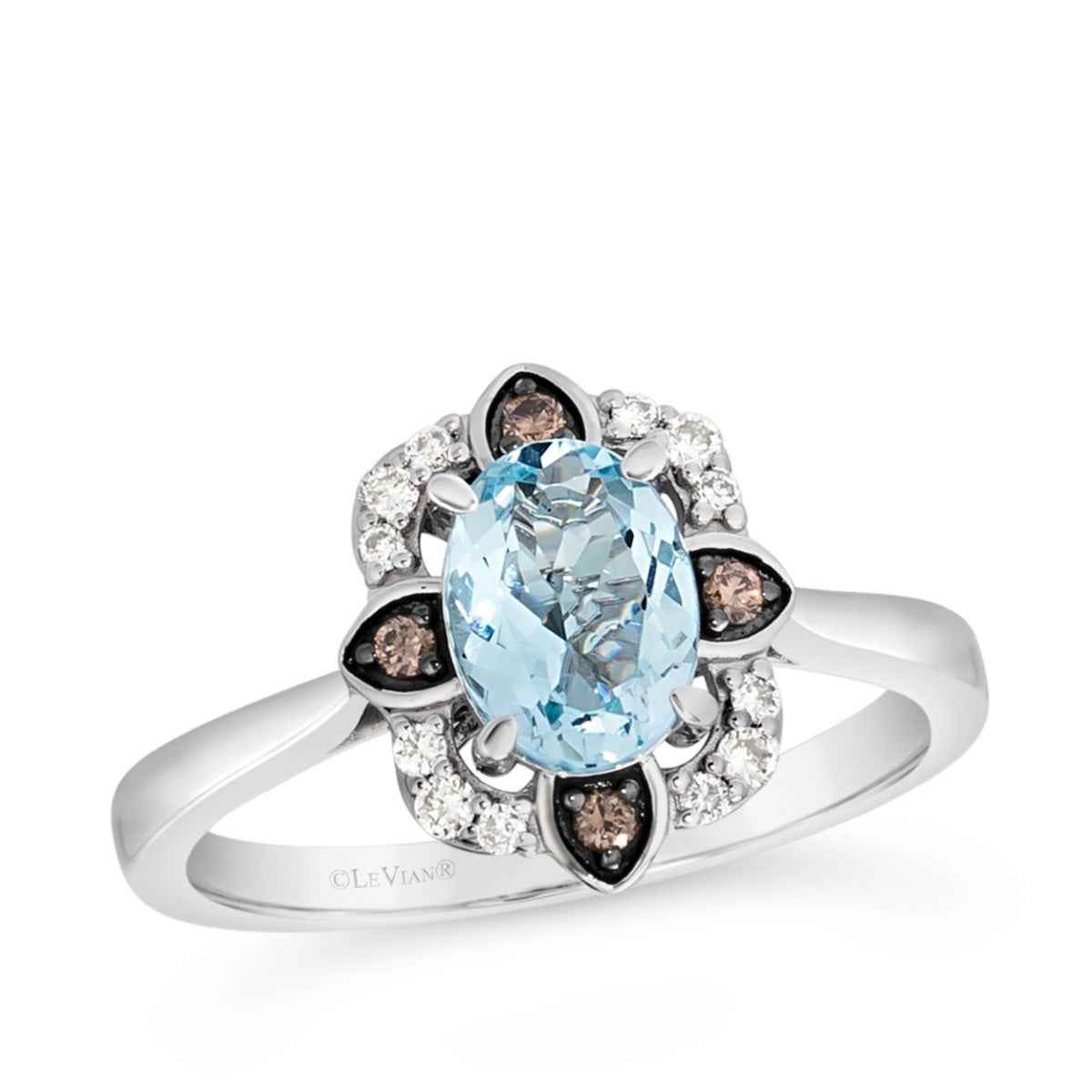 Le Vian Creme Brulee Oval Sea Blue Aquamarine & 1/6 ct. tw. Nude & Chocolate Diamond Floral Halo Ring in 14K Vanilla Gold