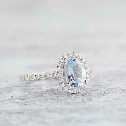 Le Vian Oval Sea Blue Aquamarine & 1/3 ct. tw. Vanilla Diamond Halo Ring in 14K Vanilla Gold side profile