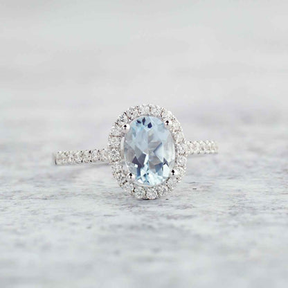 Le Vian Oval Sea Blue Aquamarine & 1/3 ct. tw. Vanilla Diamond Halo Ring in 14K Vanilla Gold close-up detail